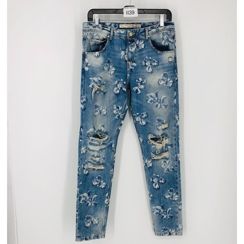 Zara Women's Blue Denim 5-Pockets Butterfly Print Distressed Boyfriend Jeans 4